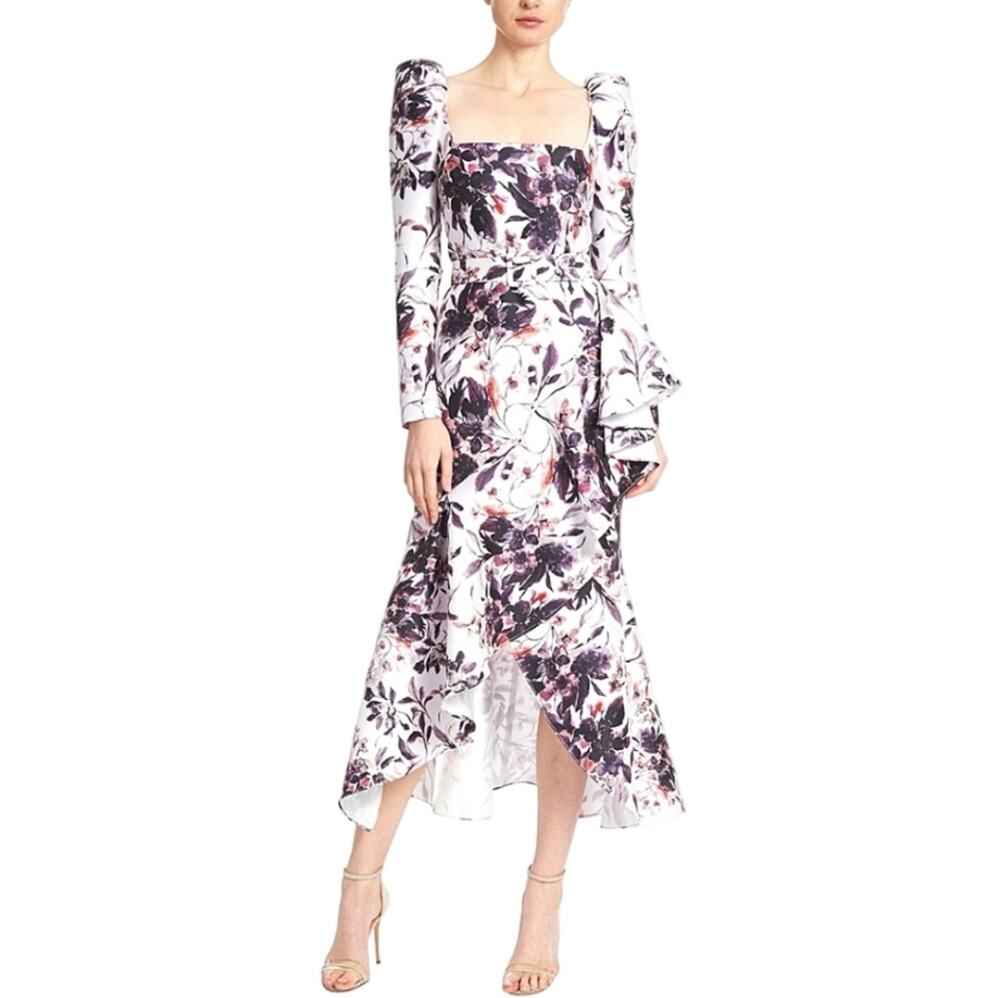 Badgley Mischka Floral Flounce Gown Size 6 Puff Sleeve High Low Formal Dress